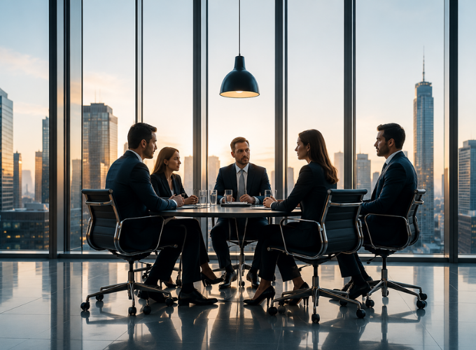 Executivos reunidos em ambiente corporativo
